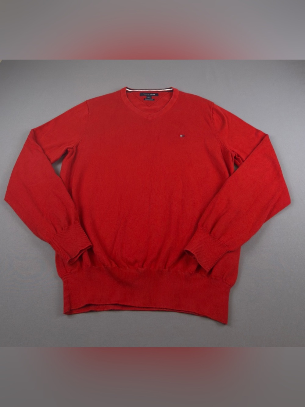 Tommy Hilfiger Red V-Neck Men's Sweater with Subtle Logo